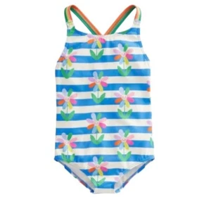 Boden Girls Crossback Stripe Daisy Smiley Floral Printed Swimsuit Size 13-14 - Picture 1 of 6
