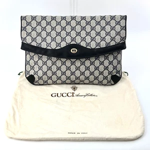Vintage GUCCI Clutch Bag GG PVC Leather Navy Purse Authentic - Picture 1 of 19
