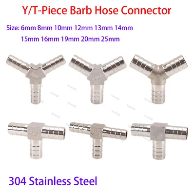 Stainless Steel Y/T-Piece Barb Hose Tail End Fitting Splitter Gas Pipe Connector
