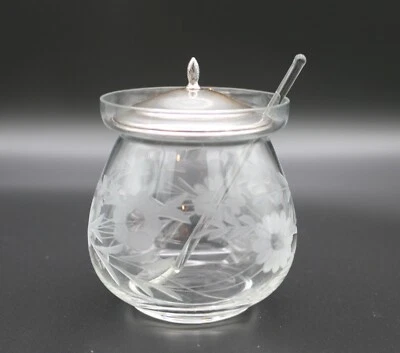 Vintage Watson Etched Crystal Glass Marmalade/Jam Jar w/ Sterling Silver Lid - Image 1 of 4