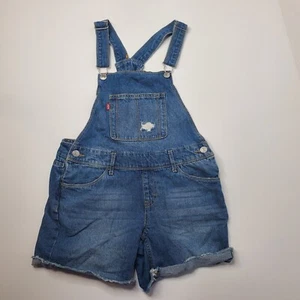 Levis Girls Shorts Shortall 12 Reg Denim Blue Distressed Bib Overalls Cuffed 12R - Picture 1 of 8