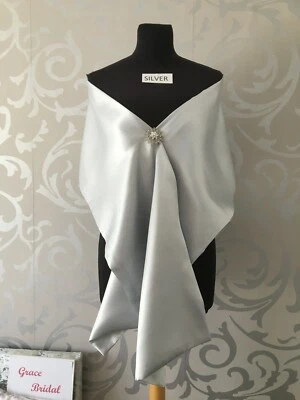 SILVER SILKY SATIN SHAWL WRAP STOLE B/MAID WEDDING CRUISE PROM *UK MADE/SELLER*