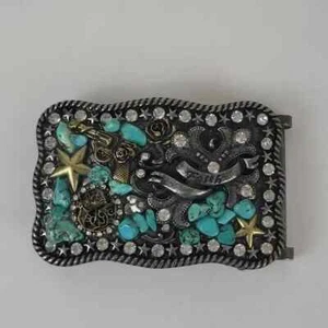 Women's Belt Buckle Western, Silvertone, Gold, Tuquoise, Rhinestones, Cross - Picture 1 of 8