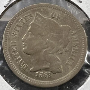 1868 3c Liberty Three Cent Nickel Coin Choice VG Very Good Circ - Picture 1 of 4