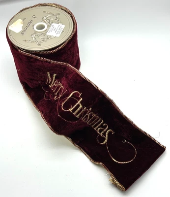 D. Stevens Fine Ribbons Burgundy Velvet w/ Gold Embroidered Merry Christmas 5 yd - Image 1 of 4