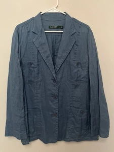 Lauren Ralph Lauren 100% Linen Blazer Classic Casual Career Blue 16 Women’s Plus - Picture 1 of 14