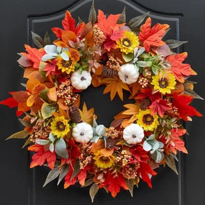 24" Herbstkranz für Haustür, Herbstkranz mit Ahornblättern, Kürbissen & Beeren - Bild 1 von 12