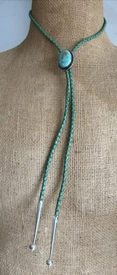 Плетеная веревка-боло из стерлингового серебра с бирюзой и наконечниками из чистого серебра 38 дюймов - Изображение 1 из 4