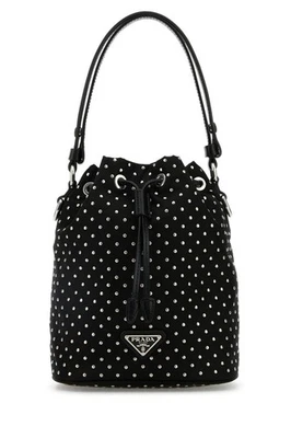 PRADA Rhinestone Jewel Black Satin Re-Nylon/Leather Bucket Bag New & Authentic - Image 1 of 4