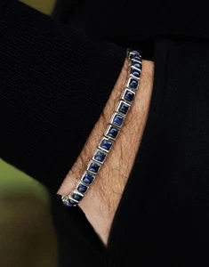 Vintage simulierter blauer Saphir 8 Karat Quadratschliff Herren Handarbeit Armband Silber925 - Bild 1 von 3