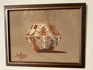 Navajo Hopi Jerald Sherman Sand Art Painting Turquoise Native American Artist - Picture 1 of 8