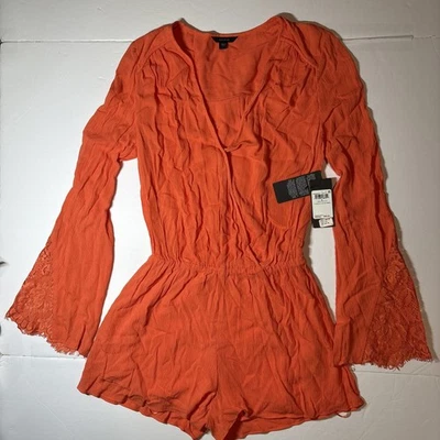 Guess Romper Womens Sz S Coral Long Sleeve Angels Lace Mix Casual Ladies NWT $89 - Image 1 of 4