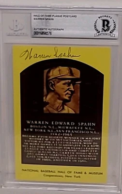 Warren Spahn, HoF Yellow Plaque Postcard - Autographed - BECKETT AUTHENTIC AUTO - Image 1 of 4