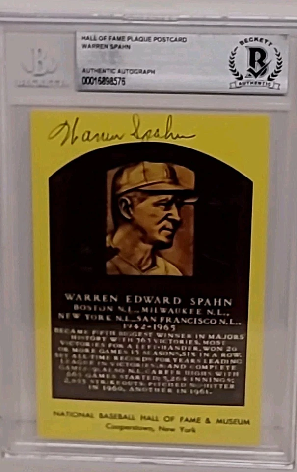 Warren Spahn, HoF Yellow Plaque Postcard - Autographed - BECKETT AUTHENTIC AUTO - Image 1 of 4