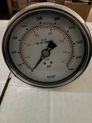 WIKA 4" LIQUID FILLED GAUGE 0-5000 PSI TYPE 233.54 1/2” stainless back connect - Image 1 of 4