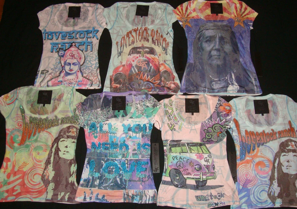 NEW ED HARDY Christian Audigier Sequins Bling T SHIRT Peace Love Stock Hippie   - Image 1 of 1