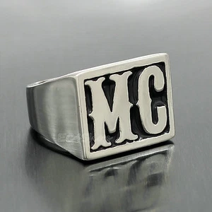 316L Stainless Steel Inital MC Ring Silver MotorCycle Men's Biker Band Jewelry - Picture 1 of 6