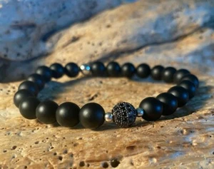 Matte Black Onyx Men Bracelet 8 mm CZ Micro Pave Sterling Silver Spacer Beads - Picture 1 of 7