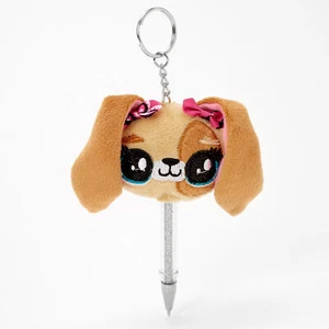 Claire’s Plush Brown Puppy Dog Ballpoint Pen W silver Glitter Keychain - Picture 1 of 1
