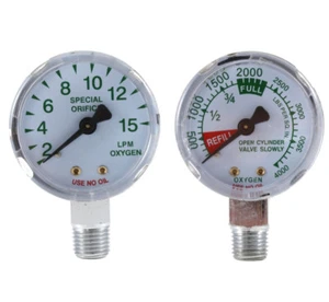 0-4000 psi and 0-15 LPM Gauges for Oxygen Regulator - 2 inches (PAIR) - Picture 1 of 4