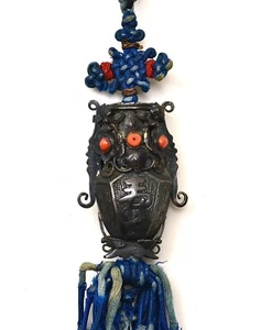 Old Korean Samjak Norigae Silver Pendant Coral Carved Bead Tassel Calligraphy - Picture 1 of 11