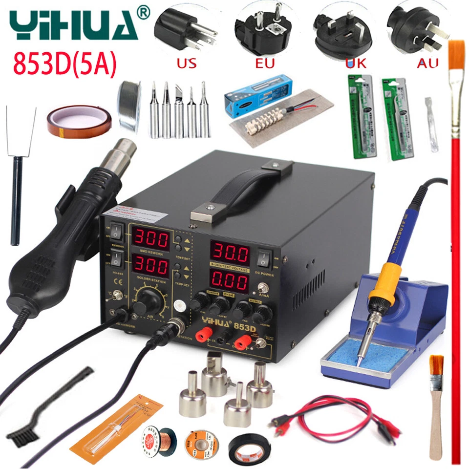YIHUA 853D 5A 3In1 BGA Rework Soldering Station Hot Air Gun SMD Solder Iron Tool - Image 1 of 4