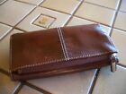 Fossil Vintage Stitched Rich Brown Leather I.d. Zip Coin Purse Checkbook Wallet