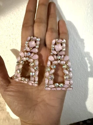 Pendientes Rosa Claro Bebé Rosa Largo Oro Grande Cuelga Desfile Estrás Cristal Foto 1 de 4