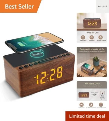 Reloj despertador LED digital de madera radio FM, estación de carga inalámbrica rápida para iP... Foto 1 de 4