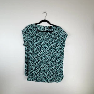 Ann Taylor Womens Large Blouse Top Floral Cap Sleeves Keyhole Back Blue Black - Bild 1 von 9