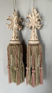 Tassels Elegant Huge 10” Set Of 2 Mint Green Pink Clear Beads Carved Wooden Tops - Picture 1 of 10