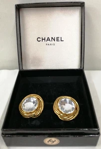 Orecchini CHANEL Vintage Tono Oro Cristallo Strass Rotondi Clip On 1" con Scatola - Foto 1 di 5