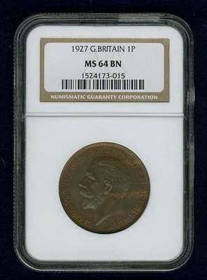 GREAT BRITAIN  GEORGE V 1927  PENNY, CHOICE UNCIRCULATED, CERTIFIED NGC MS64-BN - Image 1 of 3