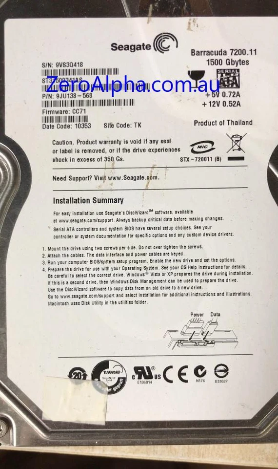 ST31500341AS, 9JU138-568, CC71, TK, 9VS3 Seagate Data Recovery Donor Hard Drive - Image 1 of 1