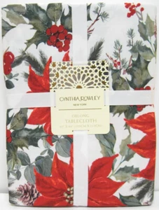 Cynthia Rowley Border Print Tablecloth Christmas Poinsettias Red Green 60x84 - Picture 1 of 2