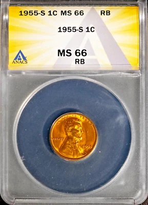 1955-S 1c Lincoln Head Wheat Cent MS 66 Red Brown ANACS # 7695962 + Bonus - Image 1 of 2
