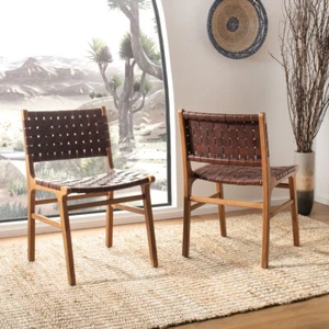 SAFAVIEH Taika Woven Leather Dining Chair Set of 2 | Cognac / Natural | - Picture 1 of 12