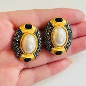 Judith Jack JJ earrings Gold plated clip pearl marcasite high end designer oval - Picture 1 of 6
