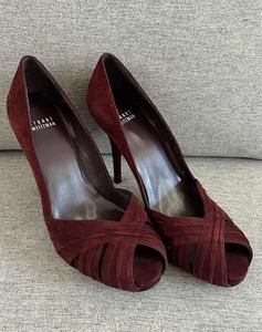 Stuart Weitzman Maroon Suede Peep Toe Heels US 8.5 - Picture 1 of 5
