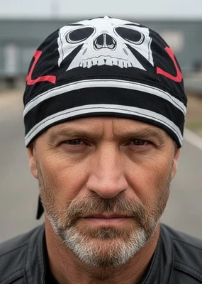 Maltese Iron Cross Pinstripe Red Flames White Skull Doo Rag Headwrap Biker Cap Foto 1 de 4