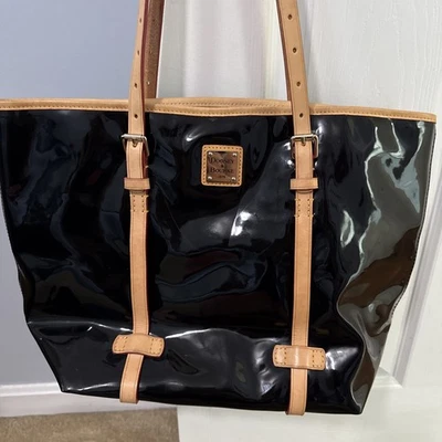 Dooney & Bourke Black Tan Patent Leather Large Shoulder Handbag Purse Tote Bag - Image 1 of 4
