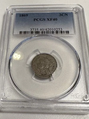 Tres centavos de cobre níquel 1869 graduación profesional -XF-40 Foto 1 de 2