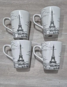 222 Fifth City Scenes Black/White Tall Latte Water Mug Eiffel Tower Paris 4 Set - Picture 1 of 4