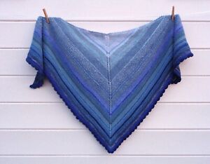 Blue Striped Shawl with Ombre Design Hand Knit Lace Shawl OOAK Art Soft Comfort