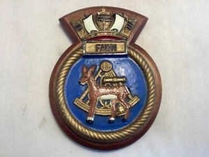 H.M.S FOX METAL WALL PLAQUE / SHIELD ON WOOD BASE ( HAND PAINTED VERSION ) - Picture 1 of 9