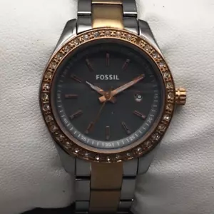 Fossil Stella Watch Women 31mm Rose Gold Silver Tone Crystals Day New Battery 6" - Picture 1 of 15