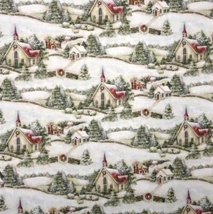 Christmas Fabric - Susan Winget Country Church Winter Scene - Cotton 64" x 43 - Picture 1 of 1
