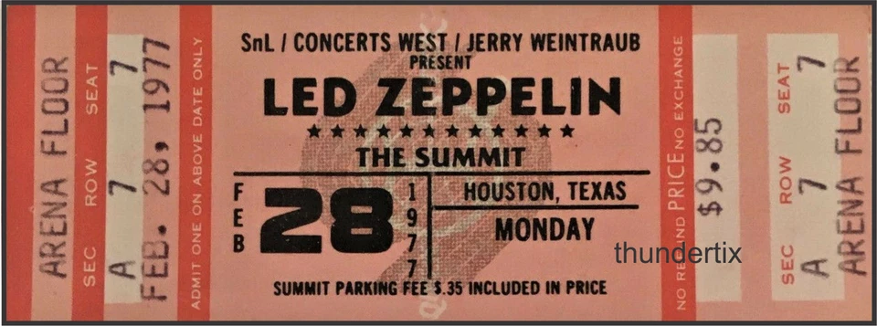 1  LED ZEPPELIN UNUSED FULL CONCERT TICKET 1977 Houston Texas reprint orange - Image 1 of 1