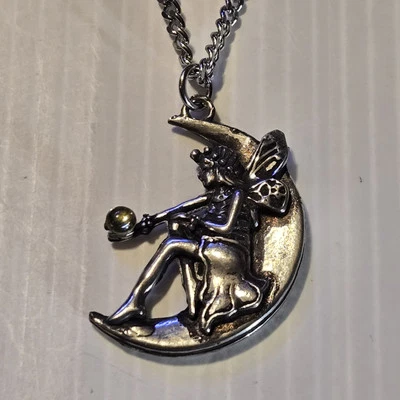 FAIRY ON MOON Colgante Estaño Dije /18"-24" COLLAR CADENA ACERA INOXIDABLE Foto 1 de 4