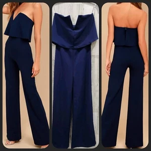 Tuta LULUS Power of Love blu navy senza spalline gamba larga taglia LARGE**NUOVA SENZA ETICHETTE** - Foto 1 di 12
